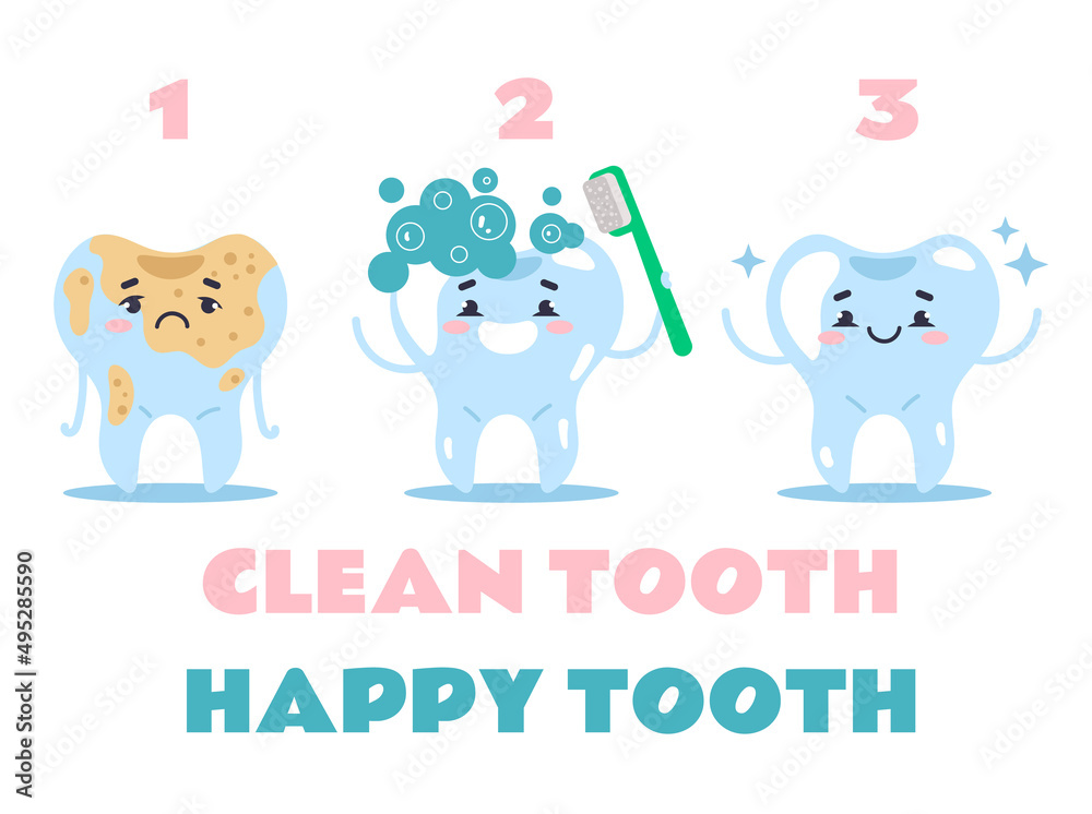 Cleanning tooth characters steps flat design element illustration set
