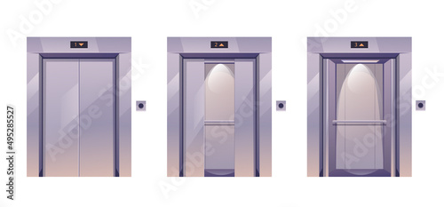Opening and closing elevators doors. Design graphic element illustration set photo