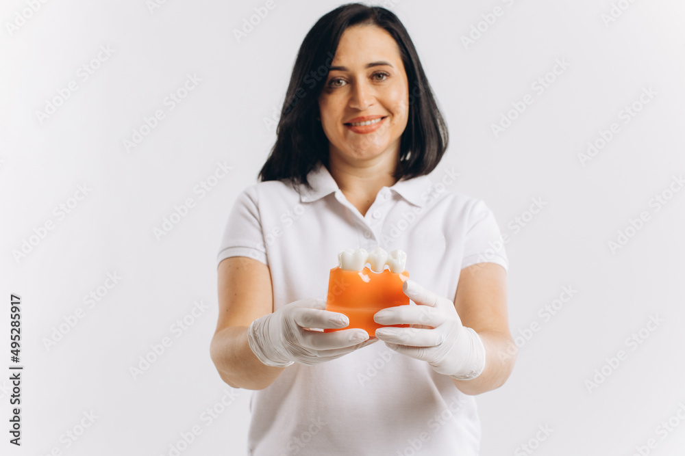 Happy dentist doctor woman showing mockup of implants Happy dentist doctor woman showing mockup of implants