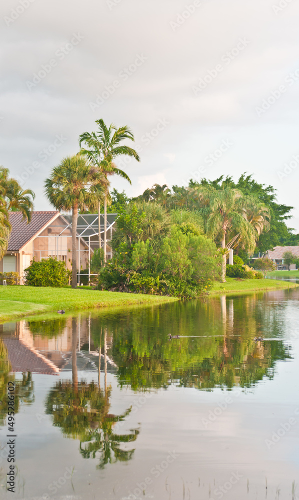 front view, of a tropical lake shoreline, with residential home and grassy shoreline with variety of trees