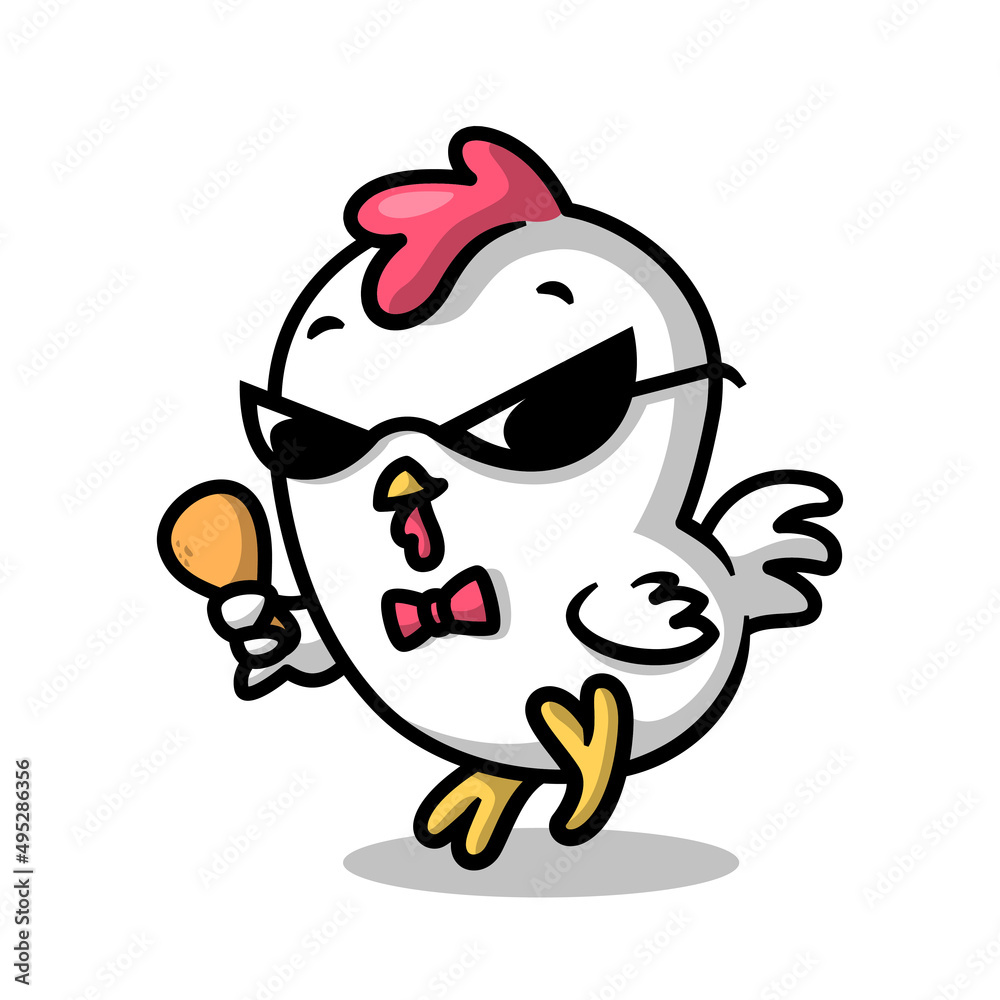 A CUTE CHICKEN IS WEARING A BLACK GLASSES AND HOLDING A FRIED CHICKEN.