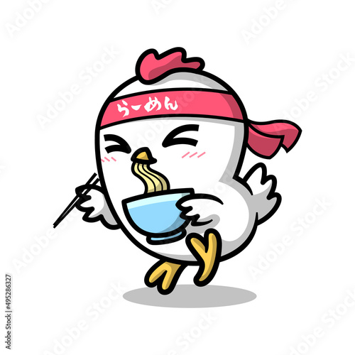 A CUTE CHICKEN IS WEARING A HEADBAND AND EATING A BOWL OF RAMEN CARTOON MASCOT.