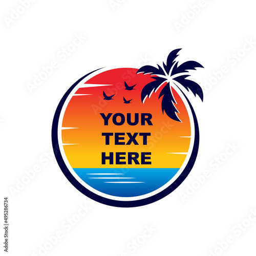 Palm Beach Logo Template, Water ocean waves with sun, palm tree and beach