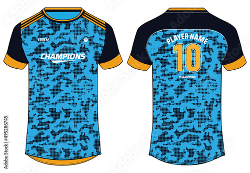 Camouflage Sports jersey t shirt design Flat sketch illustration, Round neck football jersey concept with front and back view for Cricket, soccer, Volleyball, Rugby, tennis and badminton uniform kit