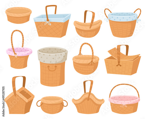 Wicker baskets cartoon hamper box, braided picnic handle basket. Braided wooden picnic empty baskets. Food storage hampers vector isolated symbols set
