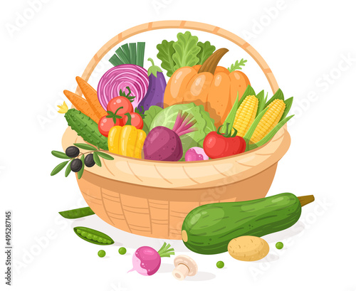 Fruits, vegetable in cartoon basket, farm market healthy food. Wicker basket full of organic grocery products. Fresh vegetable basket isolated illustrations set