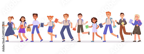 School children, kid students going to school with books and backpacks. Boys and girls going to elementary or middle school. Kindergarten pupils vector illustration set