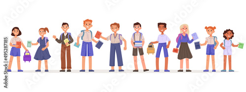 Kindergarten or elementary school students, children boys and girls group. Middle school standing students, happy pupils group. School children vector illustration set