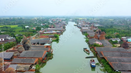 Aerial view of Mang Thit brick kiln in Vinh Long. Burnt clay bricks used in traditional construction of Vietnamese photo