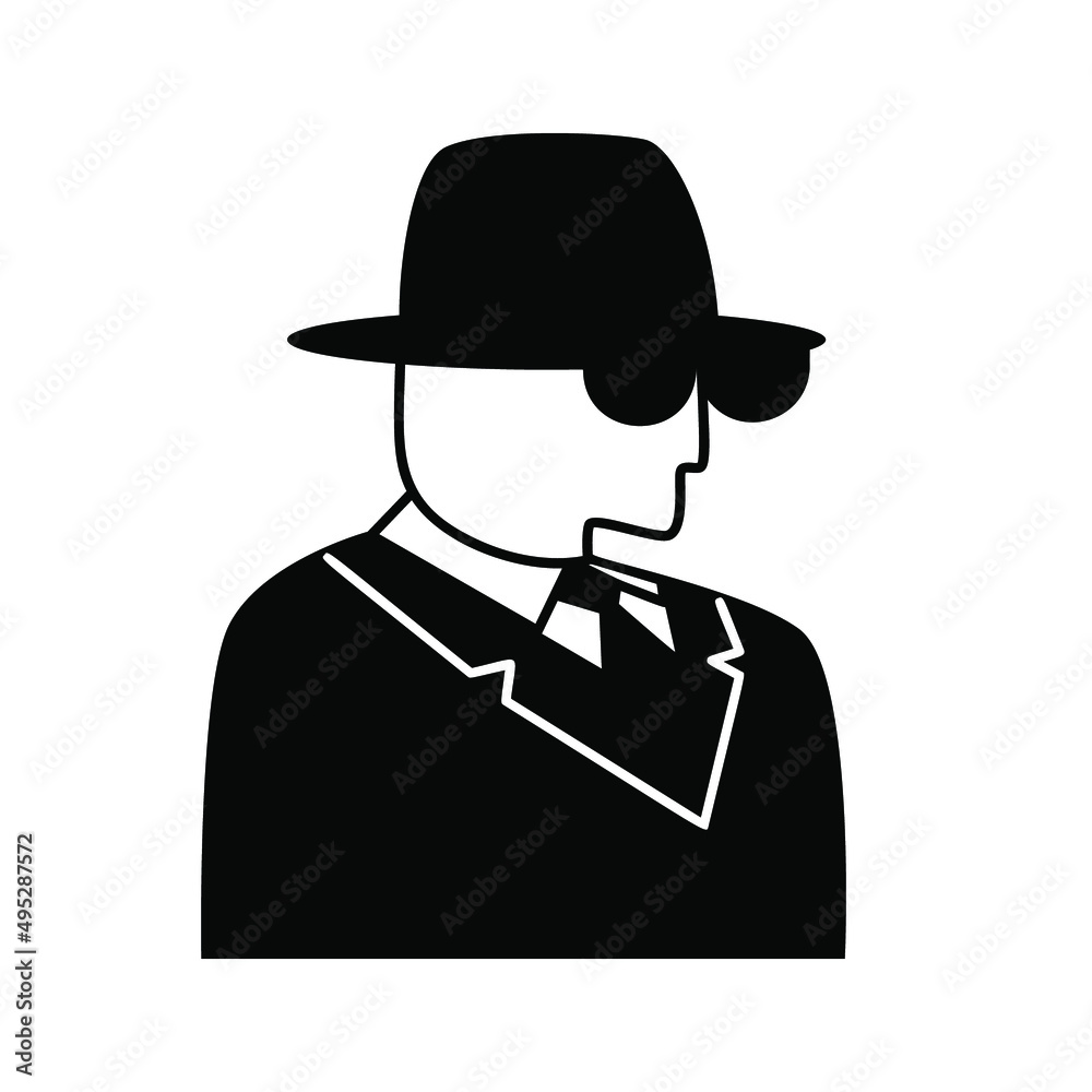 Man with suit and hat, sunglasses. Human profile sketch vector silhouette.