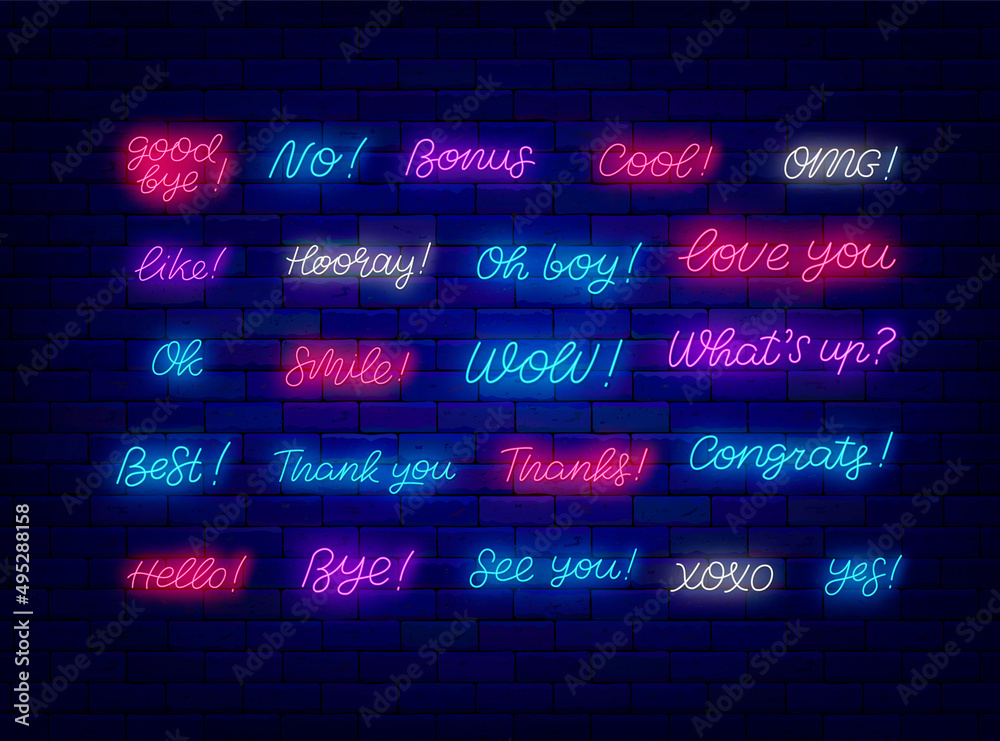 Neon motivational quote collection. Smile and congrats. See you and Love you. Shiny phrases clipart. Vector illustration
