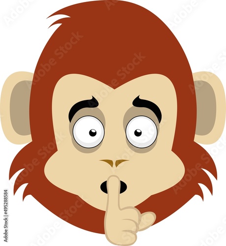 Vector illustration of the face of a cartoon monkey or gorilla asking for silence with the index finger of the hand in the mouth

