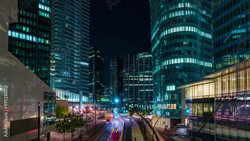 Colorful Streets at Night of La Defense District in Paris