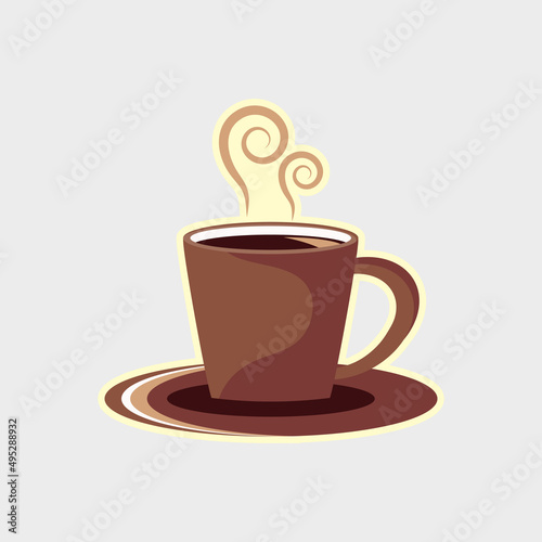 A mug of hot coffee on a light background.