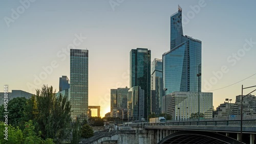 La Defense District in Paris at Sunset With Traffic and Seine