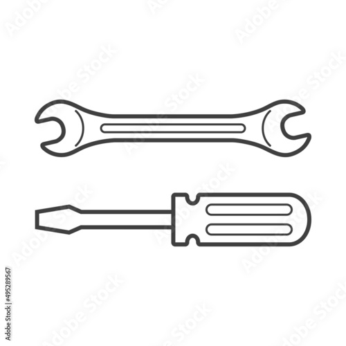 Reparación y servicio técnico. Logo con llave y destornillador con líneas en color gris