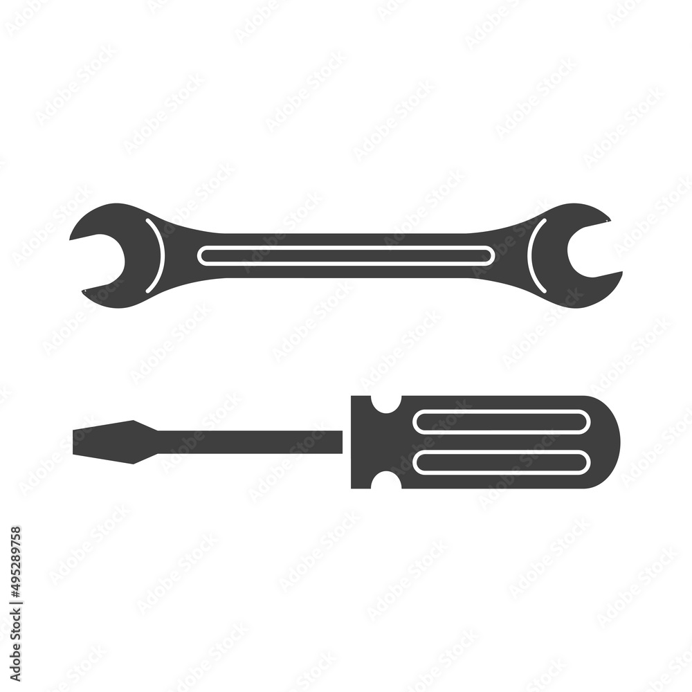 Reparación y servicio técnico. Logo con llave y destornillador en color gris Reparación y servicio técnico. Logo con llave y destornillador en color gris
