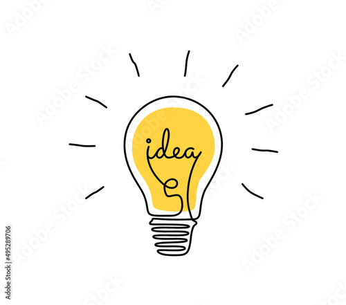 Light bulb with idea in one continuous line drawing. Brainstorm symbol and creative mind concept in simple linear style. Shine lamp with editable stroke. Doodle Vector illustration