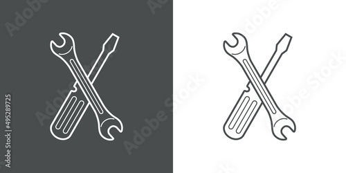 Reparación y servicio técnico. Logo con llave y destornillador con forma de aspa con líneas en fondo gris y fondo blanco