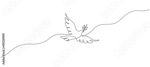 Fotografia One continuous line drawing of dove with olive branch