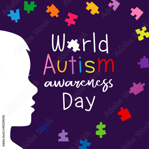 World Autism Awareness Day April 2, creative banner. 02 April holiday. Colorful puzzles, heart and kids face. Isolated abstract graphic design template. Educational games or clubs, background concept.