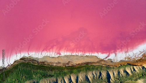 Cuadro en lienzo Top view of colorful pink lake coast at Ukraine