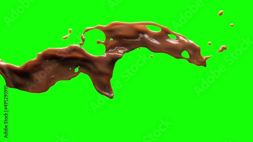 Chocolate splash on green screen and transparent background. 3D animation of brown liquid with chroma key, alpha channel ProRes 4444 in 4k UHD resolution included.