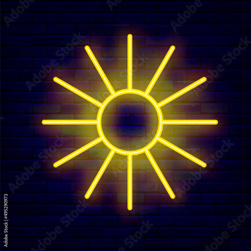 Simple sun neon icon. Summer concept. Season vacation. Night bright signboard. Editable stroke. Vector illustration