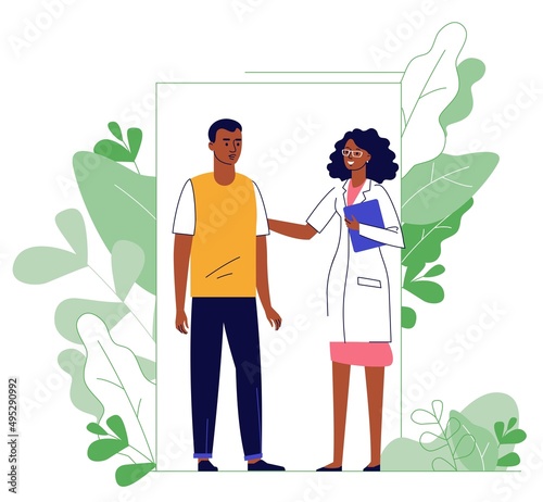 Medicine concept with black doctor and patient on plant background.