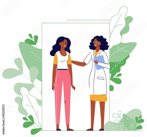 Medicine concept with black doctor and patient on plant background.