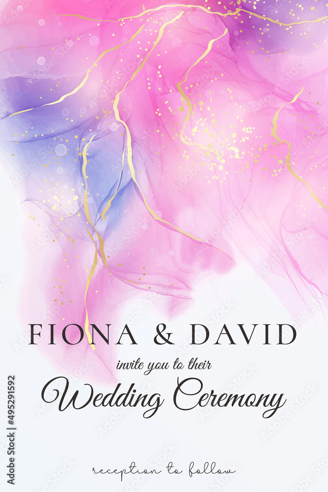 Purple rose and lavender liquid marble background with gold stripes and glitter dust. Pastel pink violet watercolor drawing effect. Vector illustration backdrop with gold splatter for wedding invite