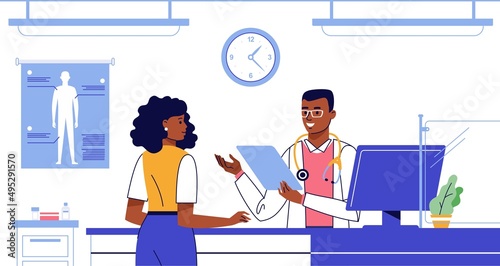 Medicine emergency concept with black doctor and woman patient in flat style on hospital hall background