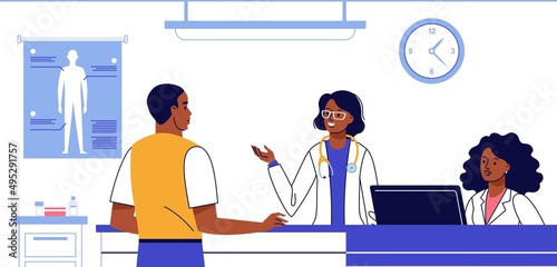 Medicine emergency concept with black doctor and patient in flat style on hospital hall background