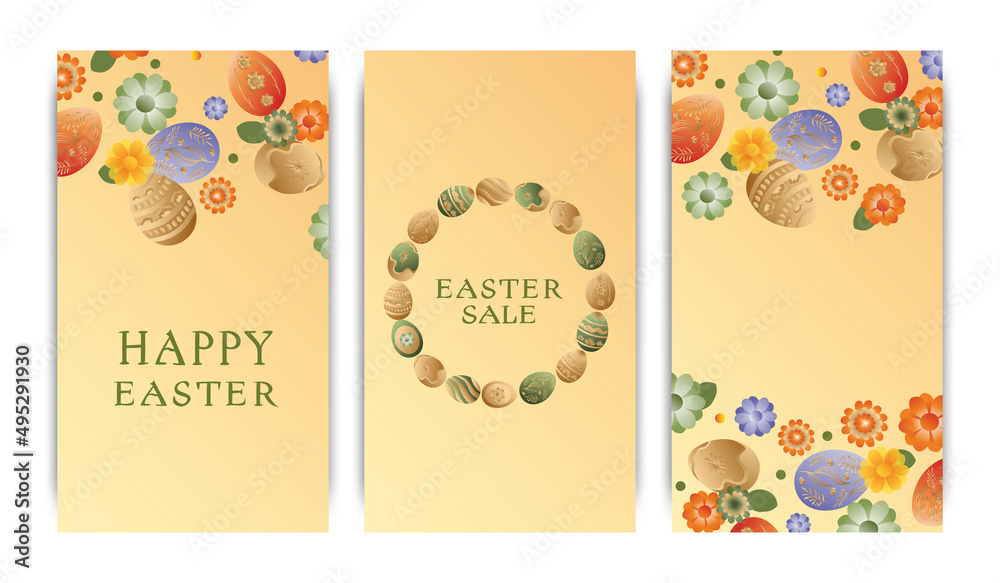 Set of vector illustrations, story templates, postcards, Easter theme, rabbits, wreaths and flowers, Easter eggs. Gradient, postcards with words, wishes for happy Easter