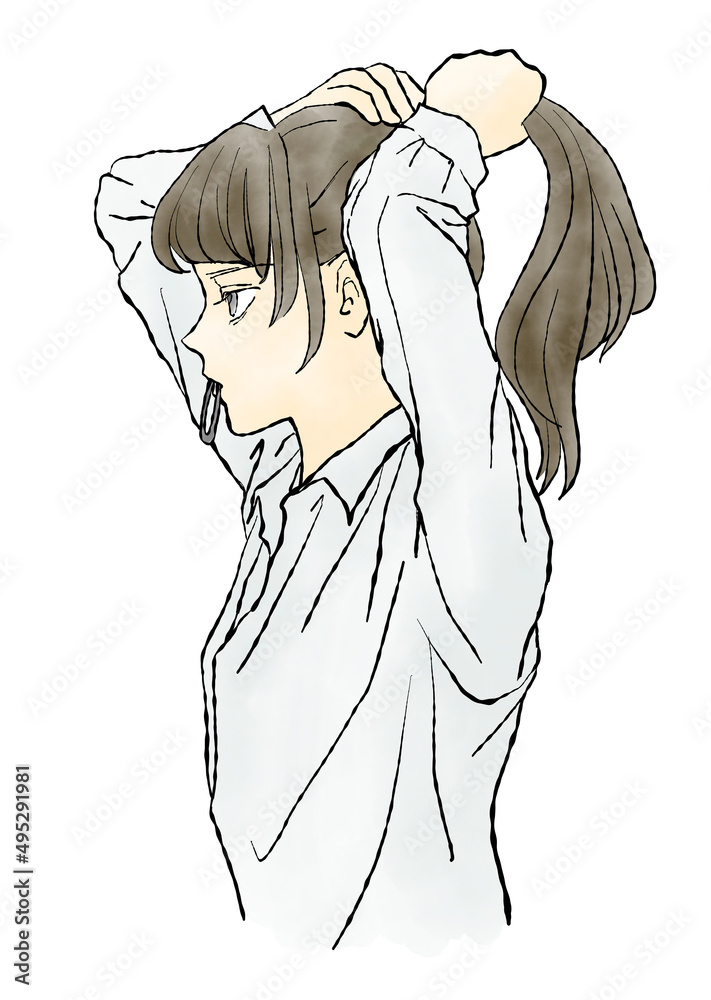 ヘアゴムをくわえて 真剣な顔で髪の毛を結んでいる女性の手描き水彩イラスト マンガタッチ Stock Illustration Adobe Stock
