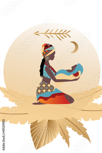 Vector  poster  Traditional African woman with a baby. Collection of contemporary art.