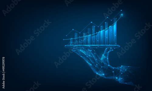 businessman hand holding tablet  showing graph growth stock. finance forex trading technology. Economy trends investment concept. vector illustration digital design. isolated on blue dark background. photo
