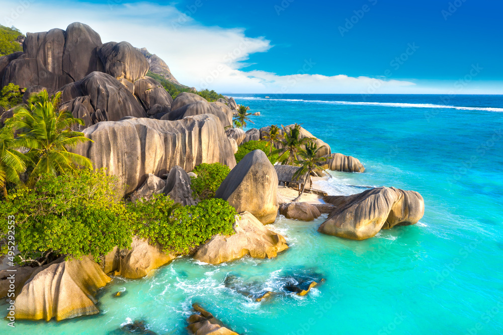 Paradise beach on the island of La Digue in the Seychelles. Anse Source D'Argent