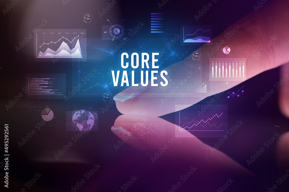 Finger touching tablet with business graphs and icons concept Finger touching tablet with business graphs and icons concept