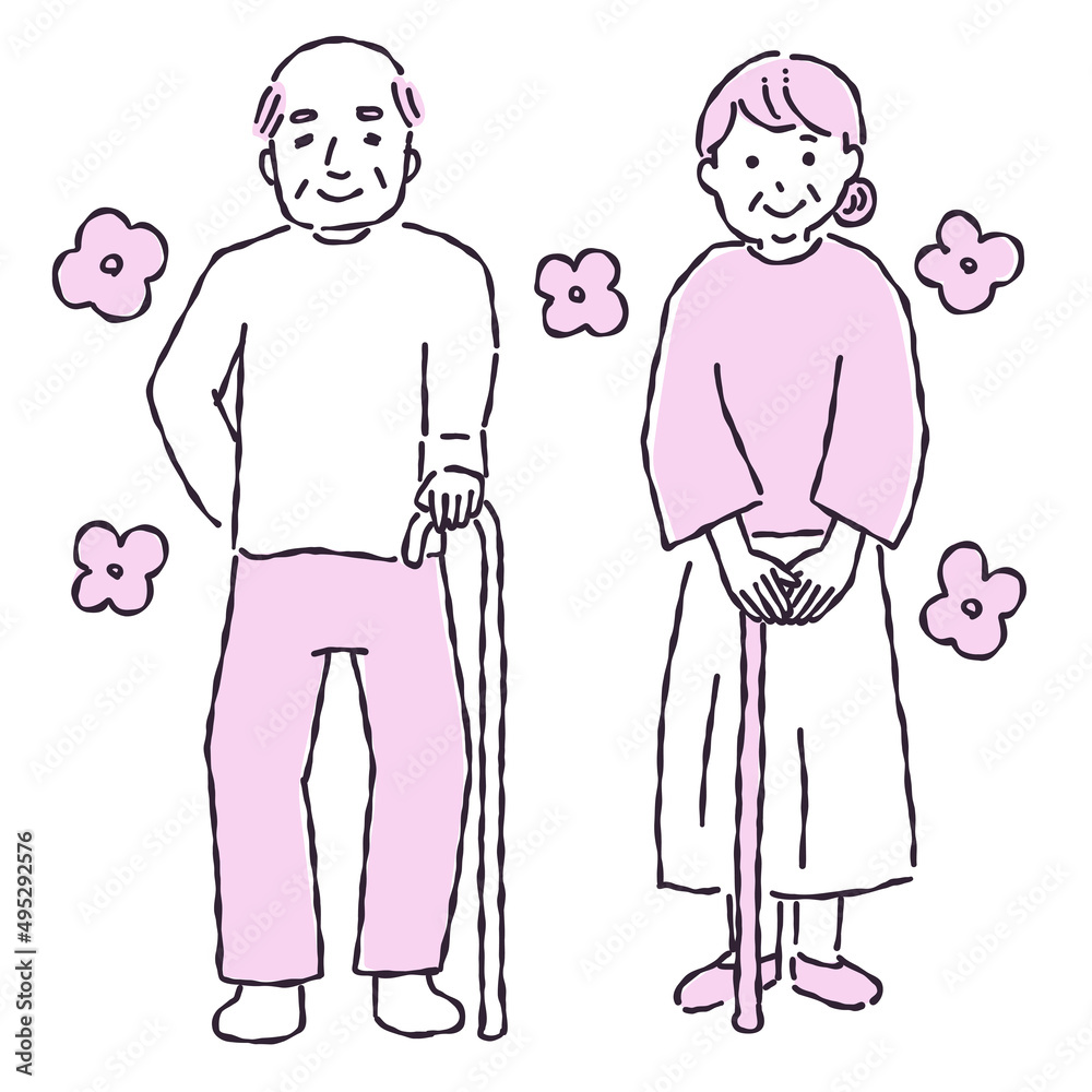 杖をつくシニア 夫婦 杖をつくシニア 夫婦