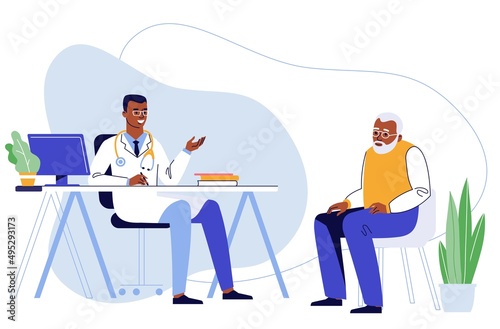 Medicine concept with black doctor and old patient.