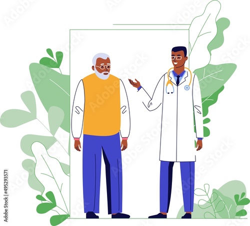 Medicine concept with black doctor and old patient on plant background.