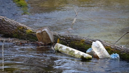 Plastic bottles and garbage stuck between the branches and trunks of dead trees on the river. Pollution of a river inside a forest. photo