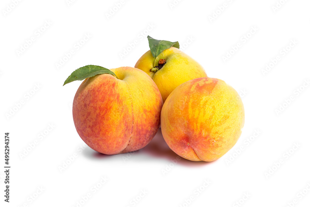 Ripe fresh peaches  fruit isolated on white background.