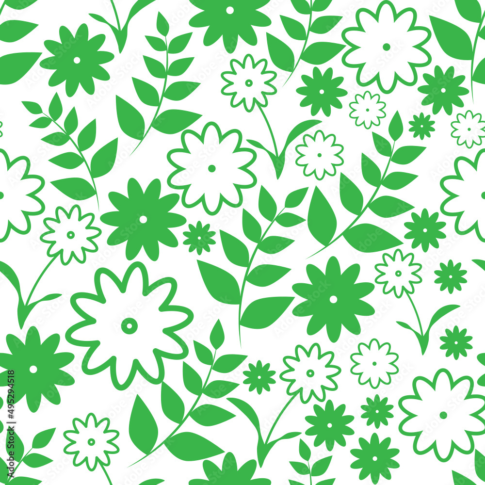 seamless floral pattern of silhouettes by green on a white background