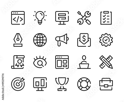 Web development icons. Vector line icons set. Programming, application development, coding concepts. Outline symbols, linear graphic elements. Modern design