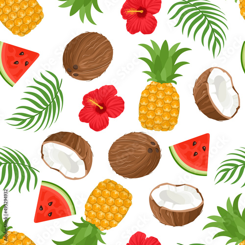 Tropical seamless pattern with pineapples, coconuts, red hibiscus flowers, watermelon slices and green palm leaves. Vector background with exotic fruits and flowers. Cartoon flat illustration.