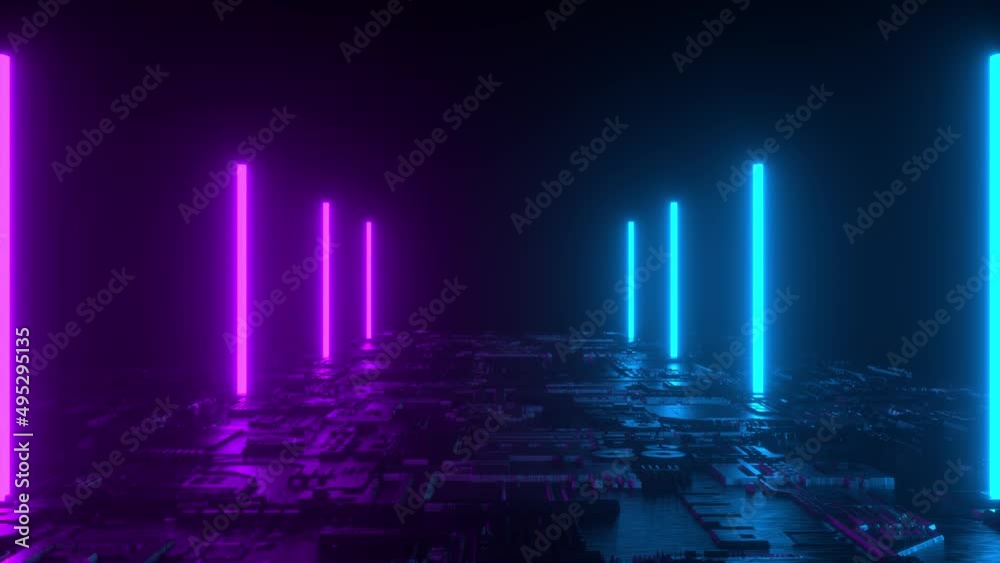 Futuristic neon tunnel 3d render animation loop.