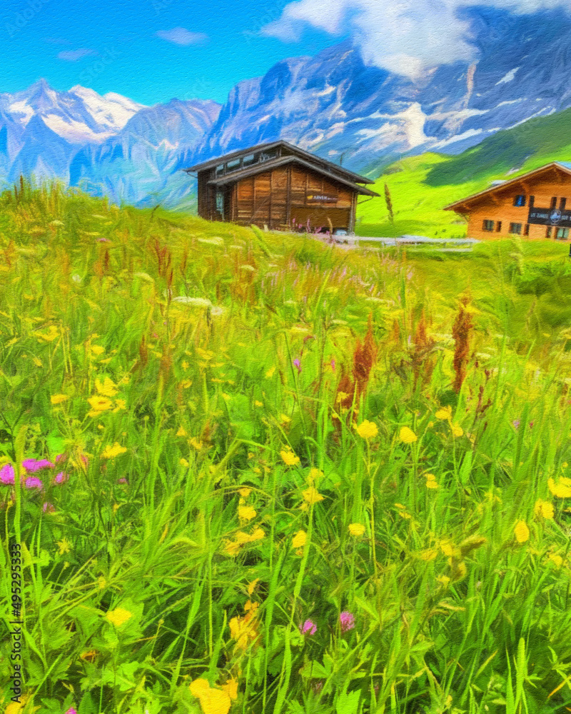 Fototapeta premium Watercolor and pastel drawing nature landscape, popular travel and touristic place, canvas texture on background, trend print for poster, textile or canvas. Modern fine arts design wallpaper. Wall art