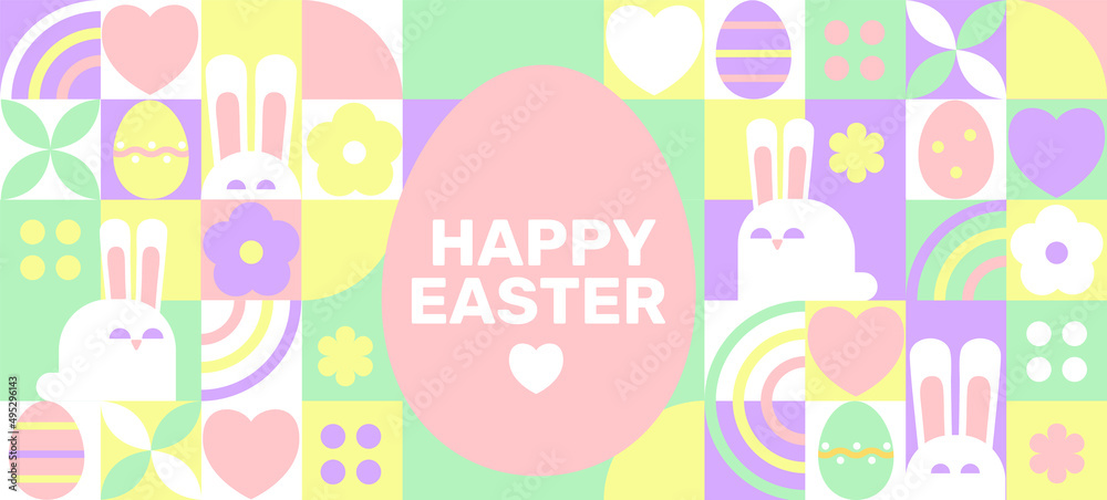Fototapeta premium Easter greeting horizontal geometric banner in pastel colors with simple geometry symbols of holiday-eggs, bunnies and flowers with wishing text.Posters,flyers design for covers, web, greetings.Vector